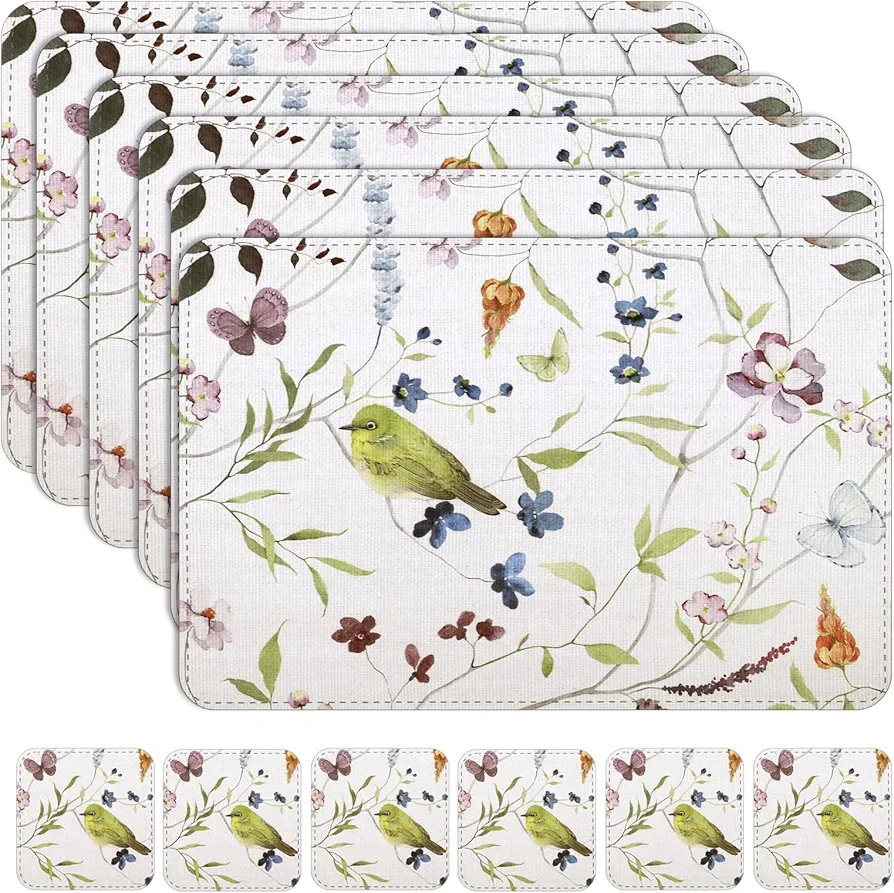 Spring Placemats for Dining Table Set of 6, Placemat(17x12 inches) with Coasters UV Printing Placemats,Placemats and Coasters Heat Resistant Stain Resistant Non-Slip Table Mats Easy to Clean