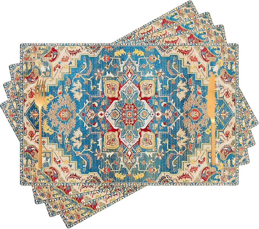 Boho Placemats Set of 4 Colorful Place Mats Indoor, Blue Red Ethnic Linen Washable Heat Resistant Placemats for Kitchen Dining Tables, 12x18 Inches