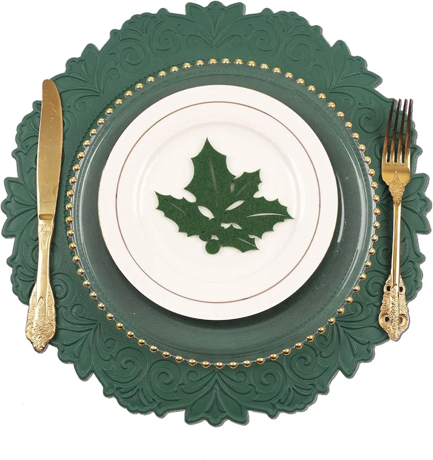 Noctiflorous Round Faux Leather Placemats 15 Inches Set of 4 Non-Slip Durable Place mats Heat Resistant Washable Waterproof Table Mats for Valentine's Day(Green, Round, 4 pcs)