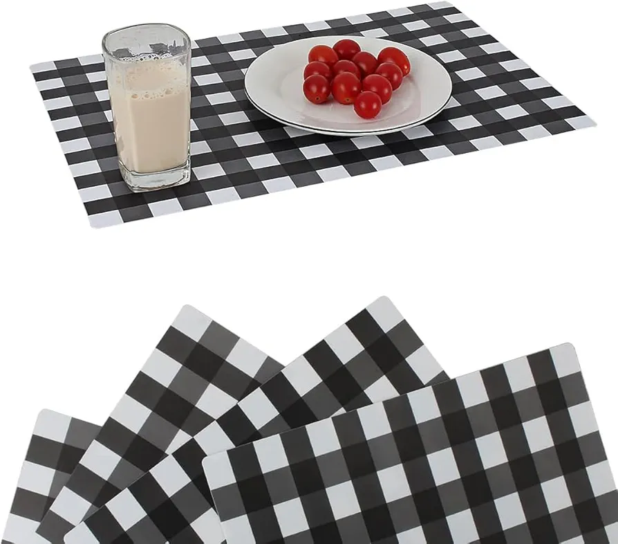 PP Buffalo Plastic Check Plaid Placemats Wipeable Easy Clean Washable Table Mats for Dining Table Heat Resistant Placemat Rectangular Black and White Place mats Set of 4(4, Black & White)