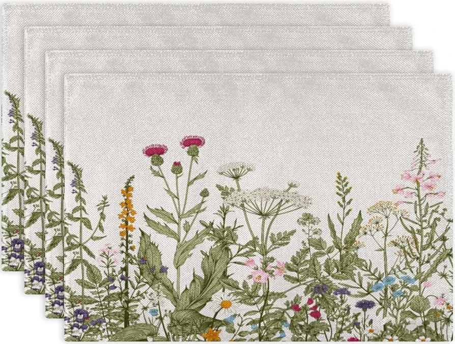 Antique Herbs and Wild Flowers Summer Placemats Set of 4 Washable Heat Resistant Table Mat Wipeable Waterproof Non-Slip Placemats for Kitchen Dinner Holiday Party Wedding Decor 12x18 Inch