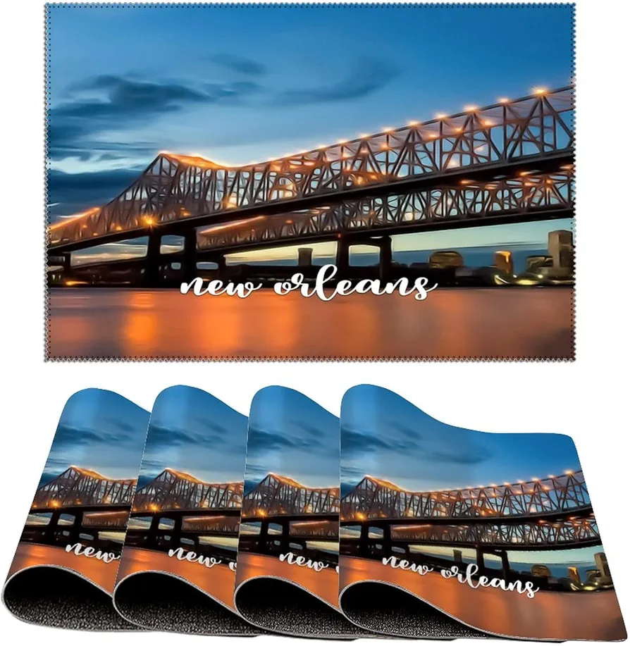 American Louisiana State New Orleans Placemats for Dining Table, New Orleans Scenery Cityscape Heat Resistant Place Mats, Washable PVC Table Mats, Non-Slip Stain Resistant Kitchen Table Placemat