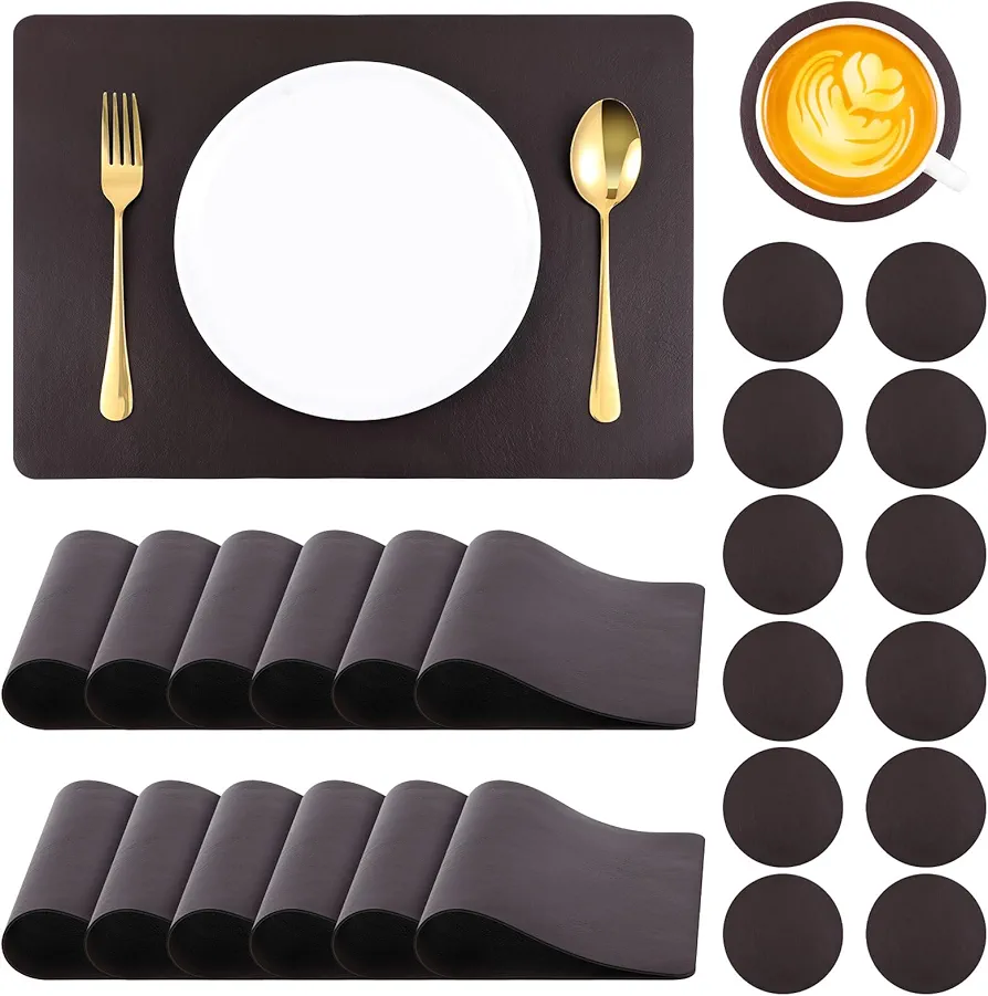 Tioncy Faux Leather Placemats Set of 12 with Coasters Stain & Heat Resistant Table Mats Waterproof Easy to Clean PU Place Mats Coffee Wipeable Coasters for Kitchen Dining Table Home Banquet