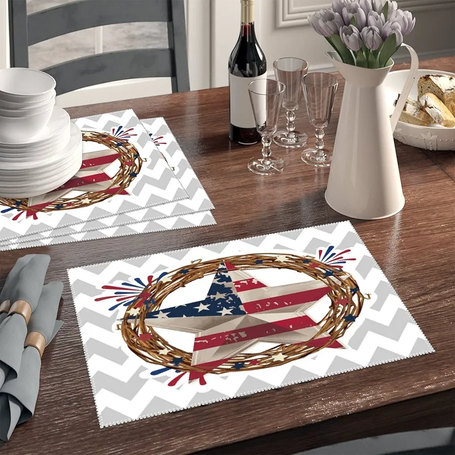 Dinner Mats American Patriotic Place Mats Stain-Proof Non-Slip Heat Resistant Placemats American Star Wreath Table Placemats Washable 6 PCS Polyester Table Decor for Dining Kitchen Banquet