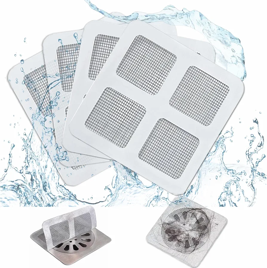60 PCS Shower Drain Hair Catcher Mesh Stickers Disposable Hair Catcher Shower Drain, 4” X 4” Shower Drain Covers Shower Filter Sticker for Shower Bathroom Bathtub Laundry Sink (Square)