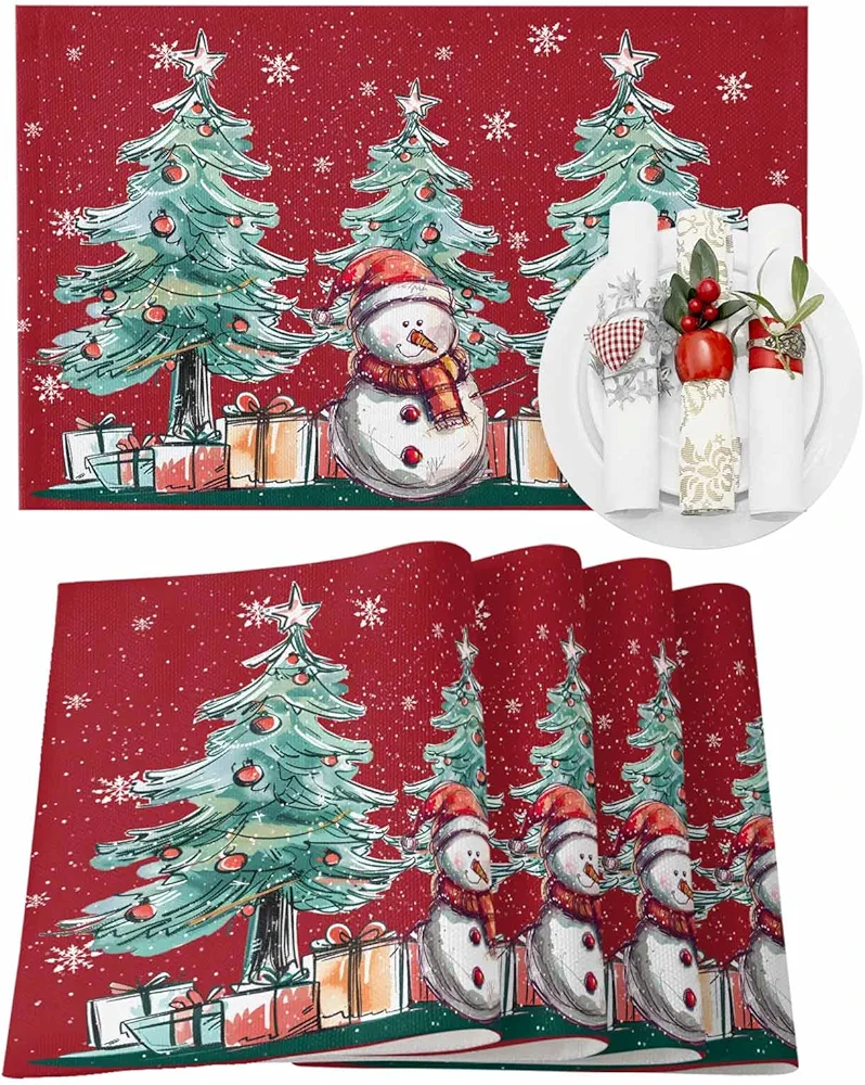 Placemats Set of 6 Red Snowman Snowflake Placemats Washable Cloth Winter Christmas Tree Table Mat Heat-Resistant Placemat for Kitchen Party Dining Table Decoration,13 x 19 in
