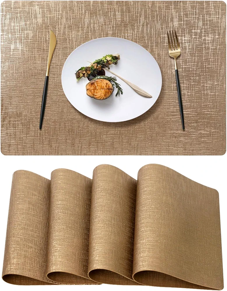 FGSAEOR Faux Leather Vinyl Placemats Set of 4,12 X 17 Inch - Waterproof Wipeable Brilliance PU Place Mats for Indoor & Outdoor, Heat Resistant Table Mats for Kitchen/Dining/Party - Champagne Gold