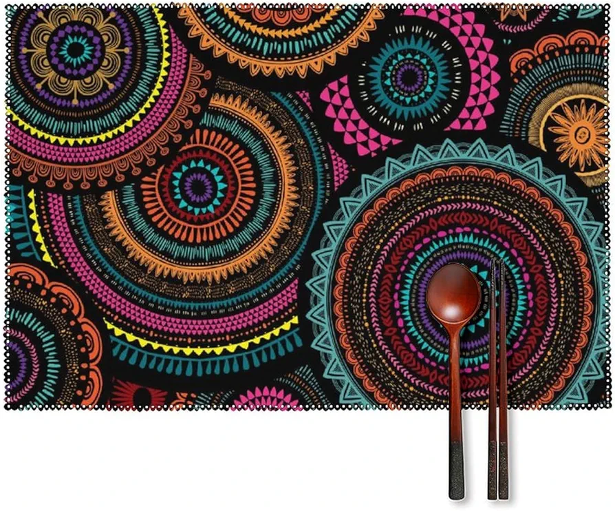Washable Non Slip Placemats, Decor Heat Resistant Table Mats, Placemats Set of 6 for Party Kitchen Dining Compatible with African Ethnic Round Ornament, 17.7×11.8in