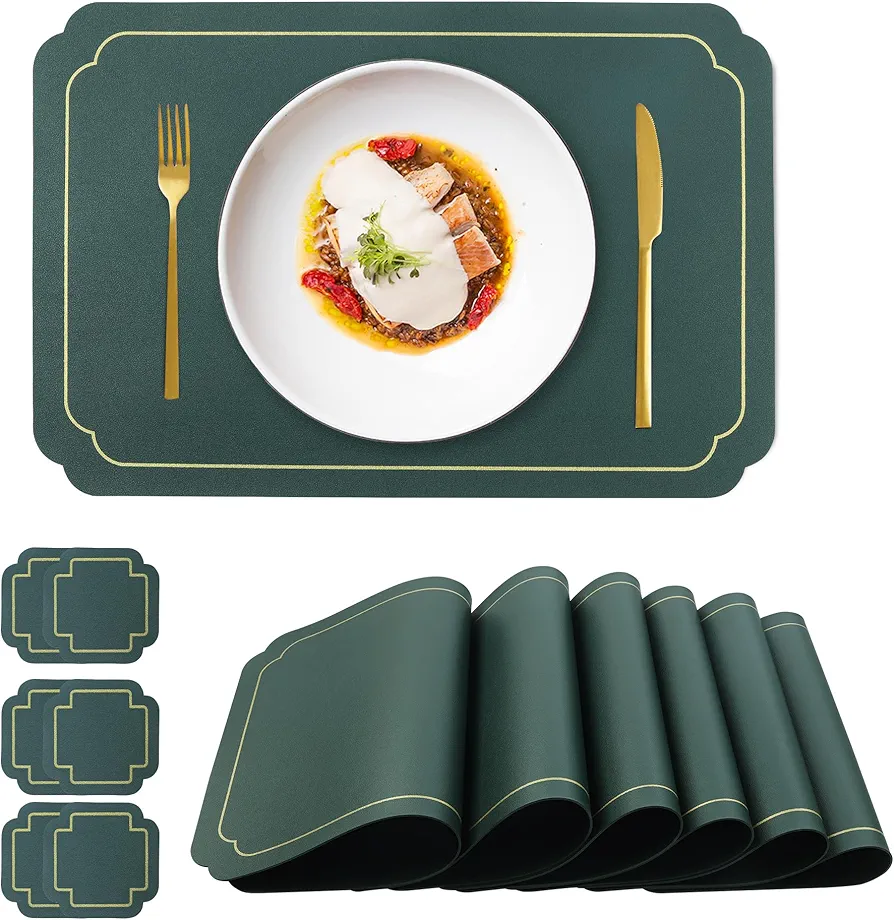 fanquare Durable Faux Leather Placemats with Gold Trim Dark Green Placemats and Coasters Set of 12 Large Rectangular Table Mats Heat Resistant and Easy to Clean