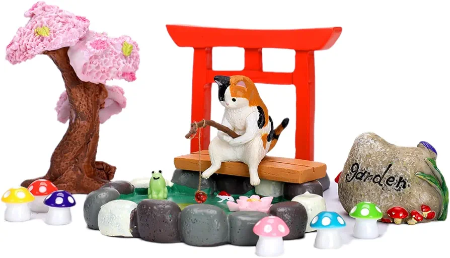 14 PCS Fairy Garden Kit, Fishing Cat Figurines, Miniature Koi Pond Mushroom Outdoor Statues, Tiny Ornaments for Micro Landscape Plant Pots Bonsai Craft Decor