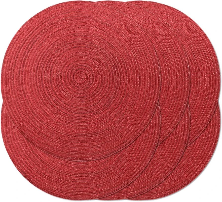 Noctiflorous Round Braided Placemats 15 Inch Round Table Mats Set of 6 for Dining Tables Natural Woven Rustic Heat Resistant Place Mats for Valentine's Day(Red Shine)