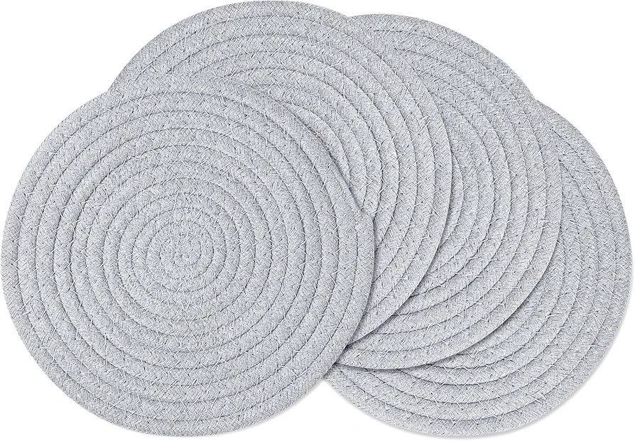 fanquare 12 Inch Round Woven Placemats Solid Gray Placemats Set of 4 Cotton Rope Placemats Small Trivets for Hot Pots Heat Resistant Table Mats for Kitchen