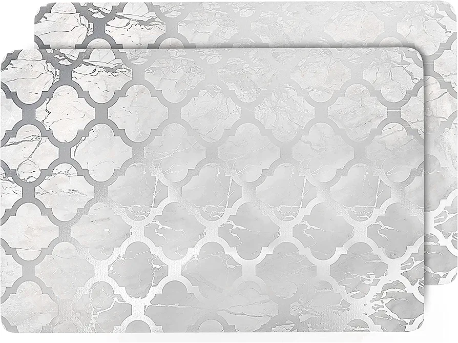 Dainty Home Trellis Silver Marble Rectangle Cork Placemats - Heat Resistant Placemats, Non-Slip, Easy Clean Placemats for Elegant Dining - 12"x18" Set of 2 - Perfect for Stylish, Modern Homes