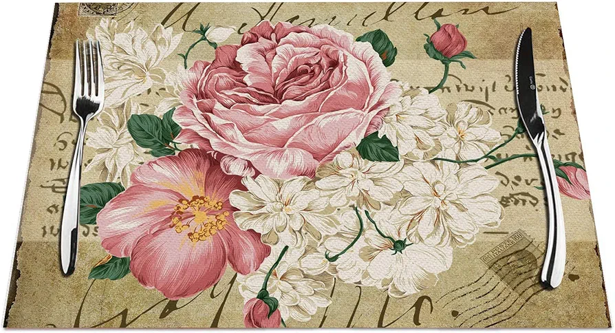 Rose Placemats Set of 4, Vintage Rose Art Placemats Heat Resistant for Dining Table Non-Slip 18x12 Inches