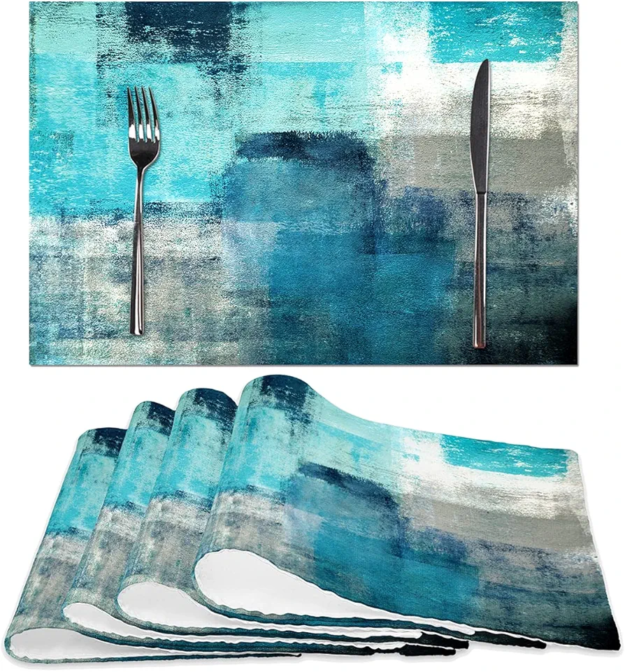 Turquoise and Grey Placemats Set of 4 Modern Art Teal Placemats Heat Resistant Non-Slip Artwork Dining Placemats Washable Table Mats for Home Kitchen Decor