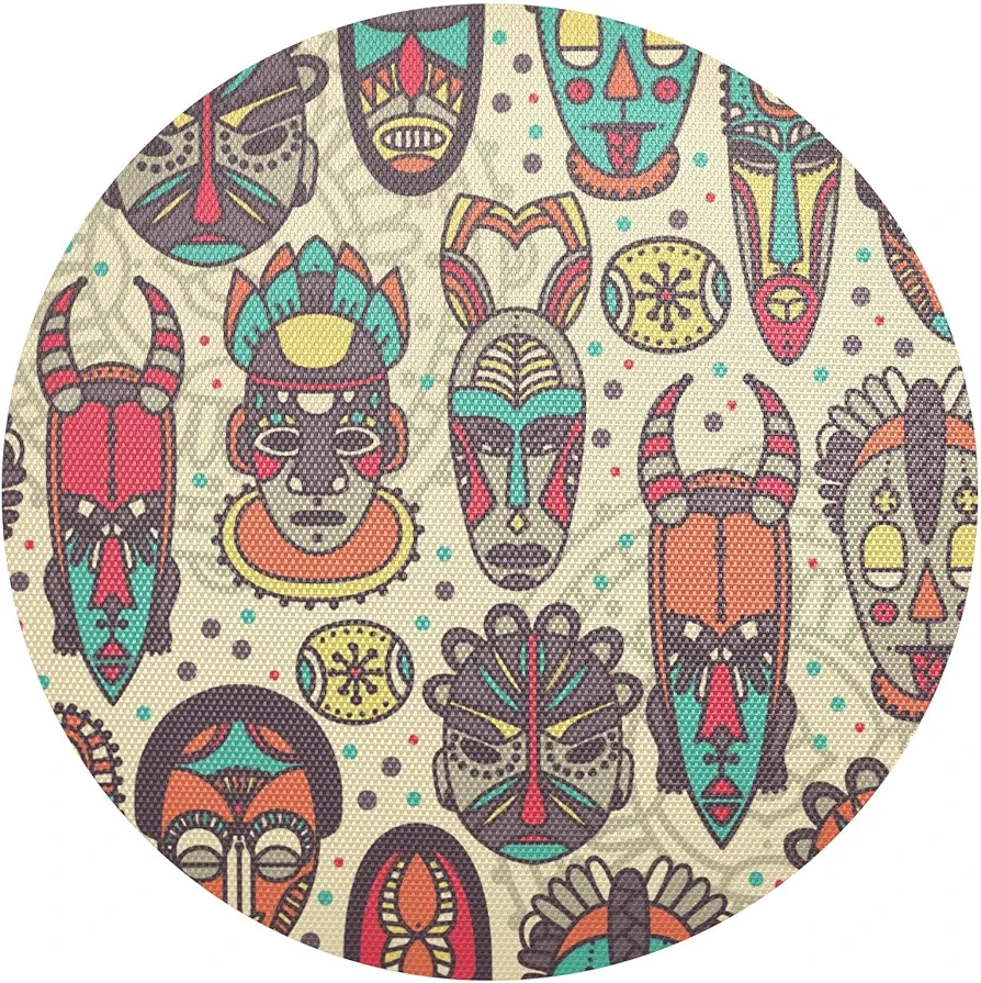 Round Placemats Tribal African Masks Non-Slip Stain Heat Resistant Place Mats Washable Table Mats for Kitchen Dining Table Decor, Easy to Clean, Set of 6
