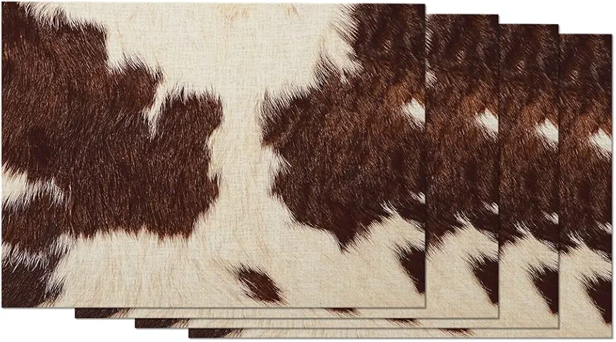 EKOBLA Cowhide Fur Placemat Non-Slip Cotton Linen Washable Place Mats Cow Hair Skin Brow and White Domestic Animal Pattern for Dining Table Kitchen Heat Resistant Table Mats, Set of 4
