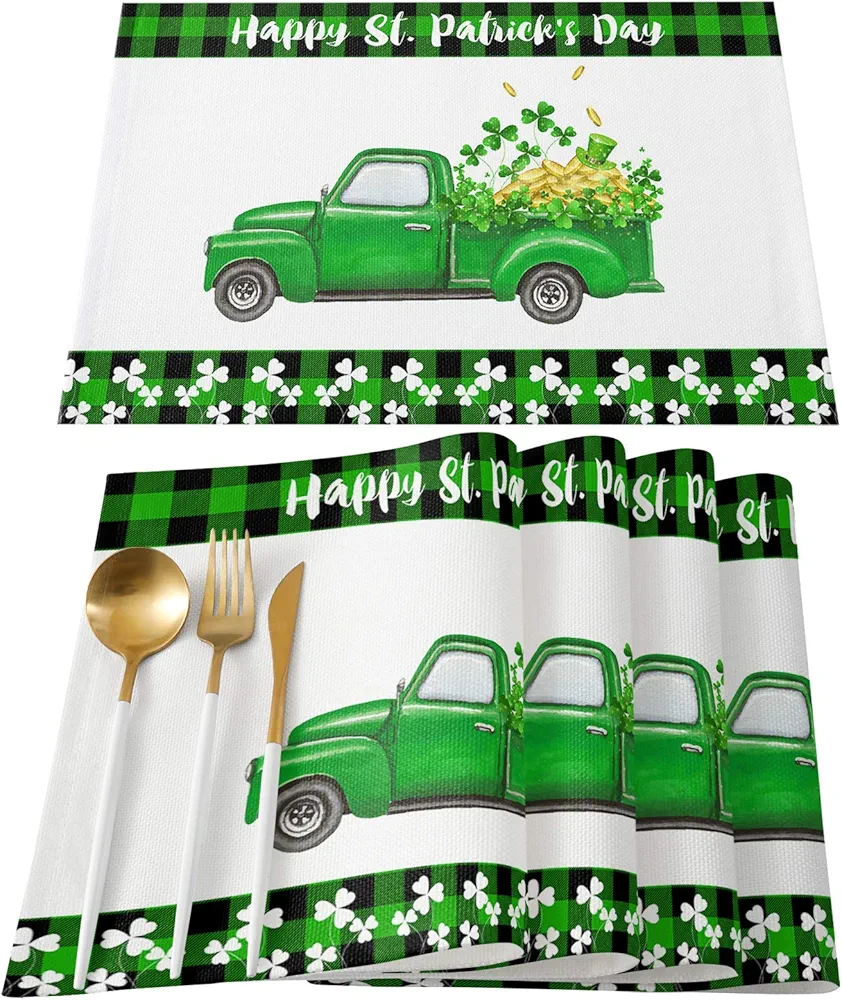 Happy St. Patrick's Day Placemats Set of 4, Cotton Linen Heat Resistant Table Mats Non-Slip Washable Green Buffalo Truck Clover Coins Placemat for Holiday Banquet Dining Kitchen Table Decor
