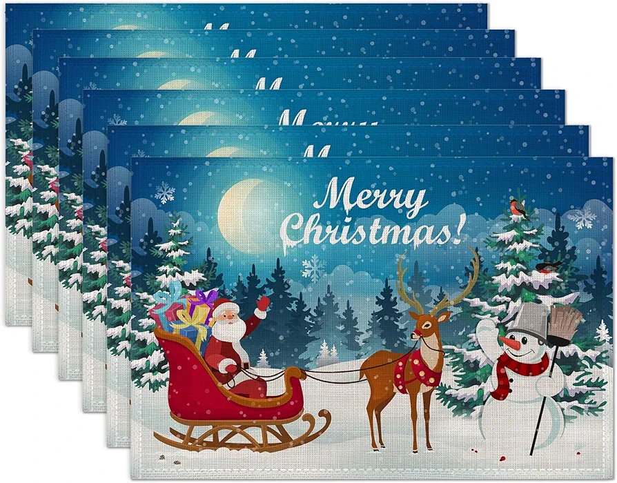 Christmas Santa Claus Deer and Snowman Placemats Set of 6 Washable Table Mats for Kitchen Dining Table,Heat-Resistant Place Mats for Indoor Outdoor Party Holiday Decoration