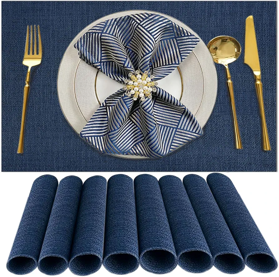 Table Mats Set of 8 Navy Blue Washable& Wipeable Plastic Placemats for Kitchen Indoor Outdoor Heat Resistant Non Slip Woven Vinyl Table Placemats Protect Dining Table Place mats (Navy Blue)