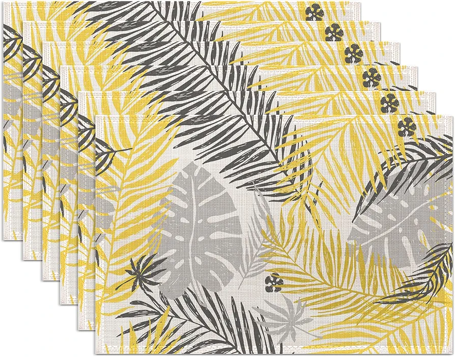 Yellow Gray Leaves Placemats Set of 6,Washable Heat Resistant 12×18 Inch Linen Table Mats Summer Floral Place Mats for Party Outdoor Dining Décor