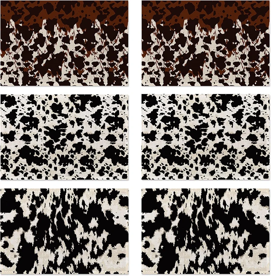Cow Fur Placemats Set of 6,Washable Heat Resistant 12×18 Inch Linen Table Mats Cow Print Pattern Place Mats for Party Outdoor Dining Décor