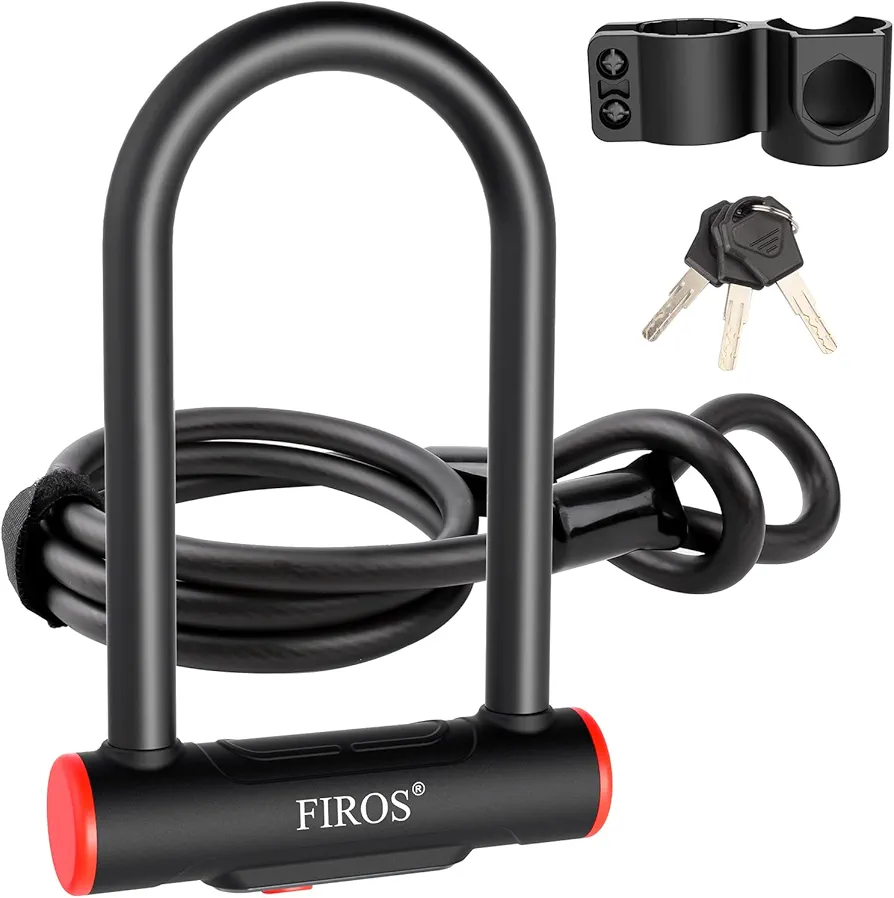 FIROS Bike U Lock with Cable Heavy Duty Bike Lock, 16mm Bicycle Lock with Security Cable and Sturdy Mounting Bracket for Road Bike Mountain Bike Motorcycle and More (Black, Small with 5FT Cable)