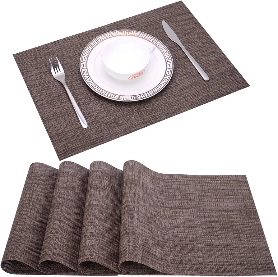 Zupro Placemats Set of 4 for Kitchen Dining Table Washable Braided Table Mats Heat-Resistant Placemats Non-Slip Woven PVC Vinyl Place Mats for Everyday use or Holidays Dinner 18"x12"(Hemp Brown)
