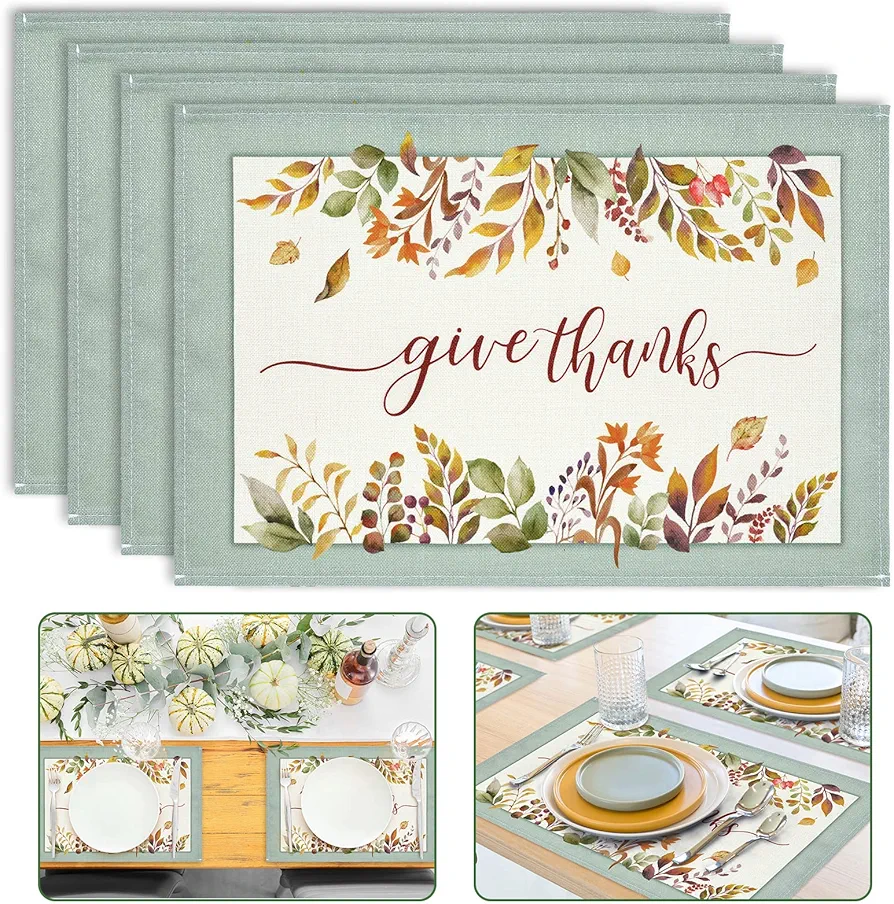 AnyDesign 4Pcs Fall Burlap Placemats Give Thanks Autumn Leaves Table Mats Waterproof Fabric Placemat 12 x 18 Inch Heat Resistant Table Mats for Fall Harvest Thanksgiving Home Kitchen Decor Supplies