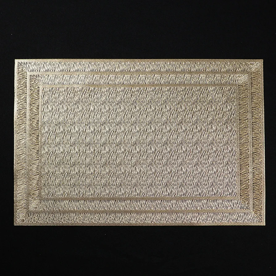 Snowkingdom Gold Vinyl Rectangle Placemats with Embossed Border, Slip Heat Resistant Plastic Dining Table Mats, 18x12 inches Textured Scratch Proof PVC Table Mats, for Kitchen Home Decor 6 Pieces