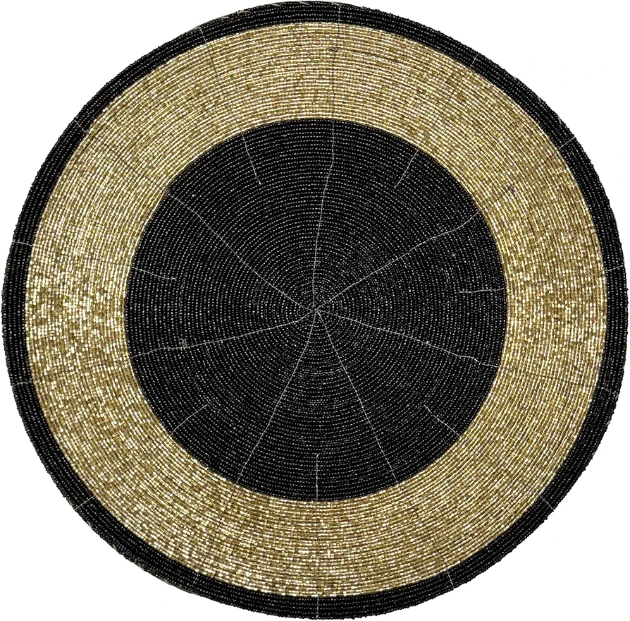 Decozen Round Beaded Placemats - Black and Gold, Set of 8-14 Inches - Durable, Scratch & Heat Resistant Tablemats for Dining Table, Kitchen Decor Charger