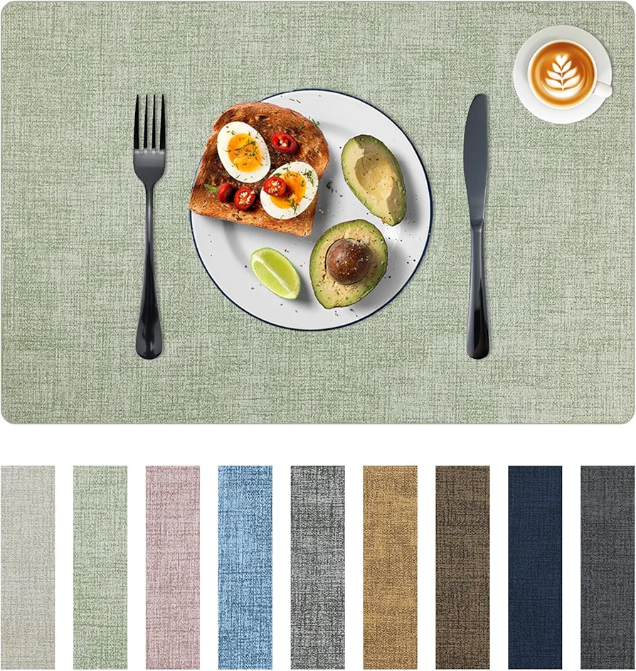 Placemats Set of 6 Faux Leather Heat Resistant Tables Mats Waterproof Oilproof Wipeable Reversible Anti-Slip Place Mats for Kitchen/Dining/Party/Outdoor 11.8" x 16.9", Light Green