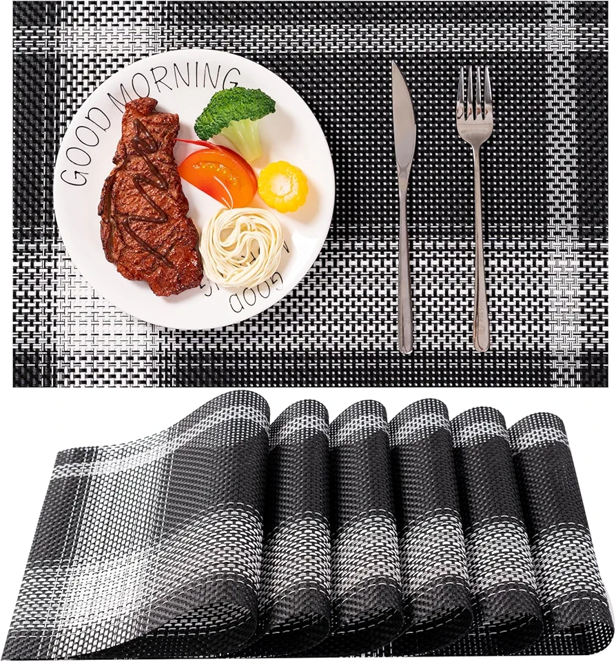 PVC Placemats for Dining Table Set, Non-Slip Heat Resistant Place Mats, Washable, Foldable, Wipeable. (6, Black and White Stripe)