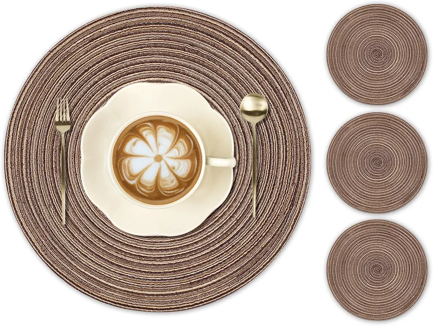 PECULA Round Braided Placemats 15inch, Placemats Set of 4 Non-Slip, Round Placemats Heat Resistant, Woven Placemats for Kitchen Dining Tables-Coffee Color