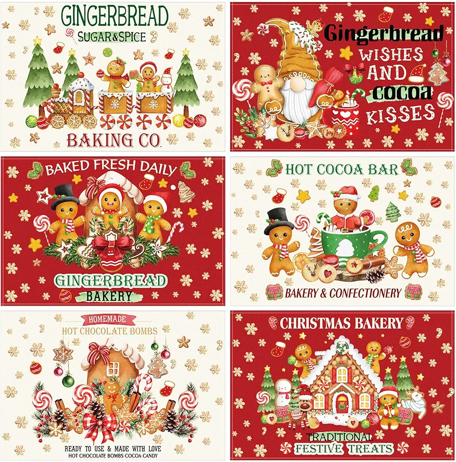 Hushee 6 Pcs Christmas Placemats 12" x 18" Washable Dining Table Mats Heat Resistant Xmas Place Mats Retro Santa Cardinal Nutcracker Printed for Kitchen Xmas Party Winter Home Decoration (Gingerbread)