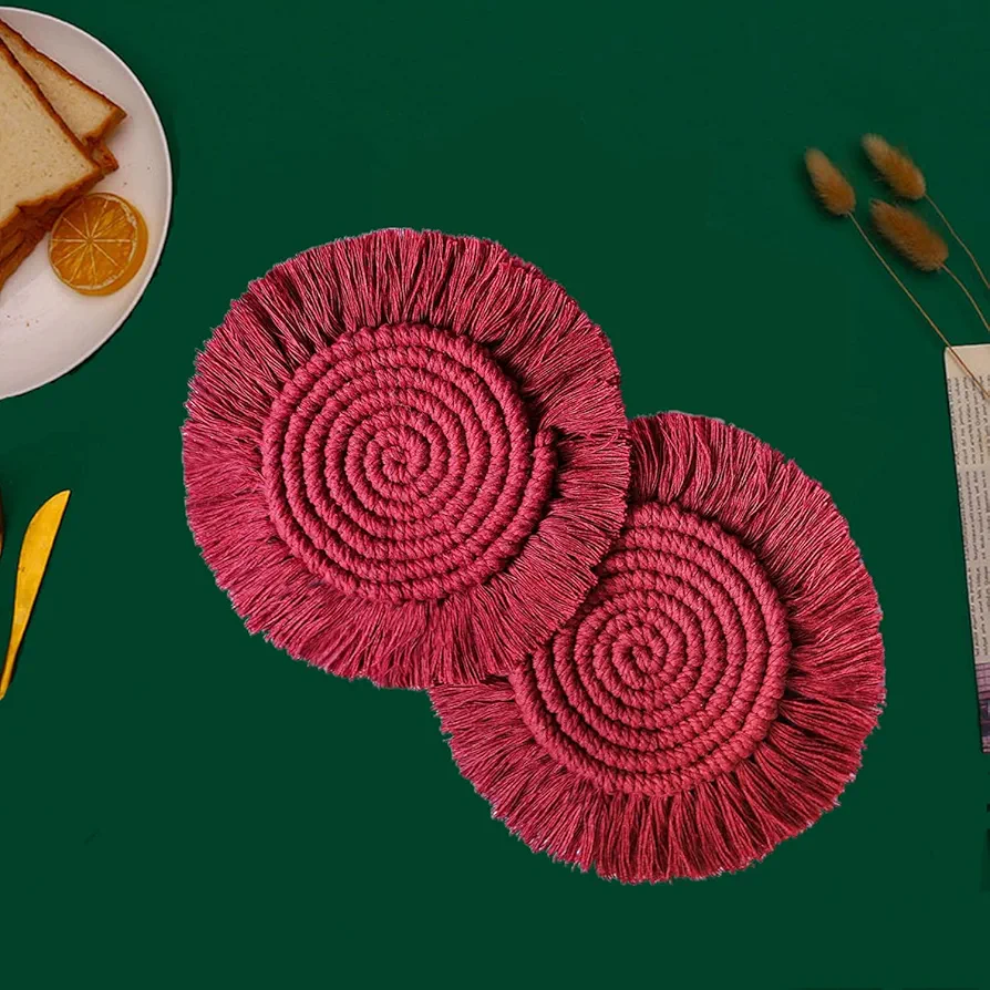 2Pcs Macrame Coasters, Handcrafted Pot Holders Cup Pads Tassel Coaster Heat Resistant Woven Placemats for Dining Table, Kitchen, Bohemian Wedding Décor (Wine Red)