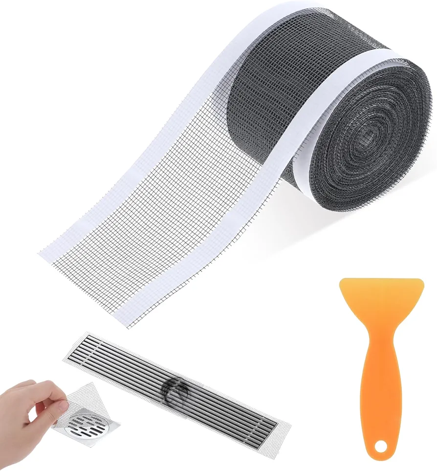 32.8 Foot Disposable Drain Covers for Shower Hair Drain Catcher, 2.75 Inch Width Shower Drain Mesh Stickers Hair Stopper for Linear Shower Drain with Removal Tool for Human and Pet Hair