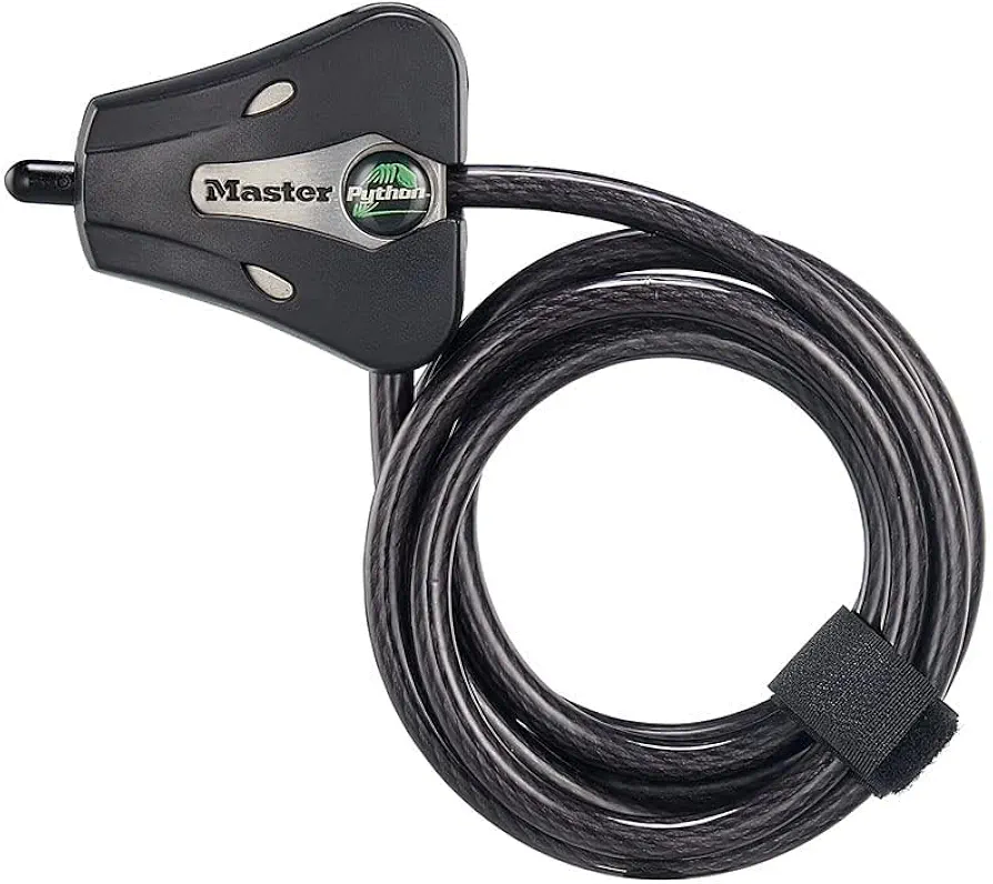 Master Lock Black Python Bike Lock with Key, Adjustable Metal Cable Lock has a Weather Resistant Vinyl Coating for Outdoor Equipment, Bicycles, Trail Cameras, 6 Feet Long, 8418D