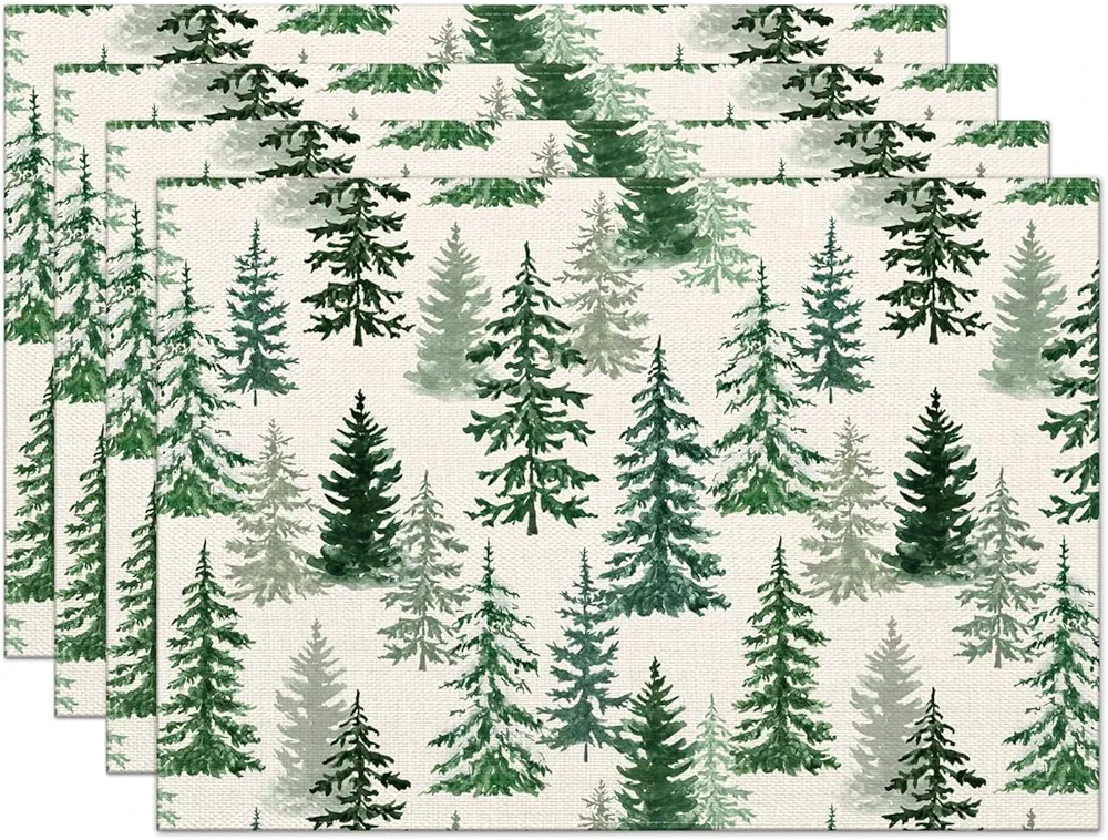 Christmas Placemats Set of 4, 12x18 Inch Green Merry Christmas Pine Trees Heat-Resistant Place Mats, Seasonal Winter Table Decors for Farmhouse Kitchen Dining Xmas Holiday Party
