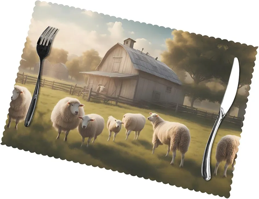Lots of Cute Sheep Table Placemats Set of 6 12x18 Inch Heat Resistant Placemats Washable Party Kitchen Catering Decoration