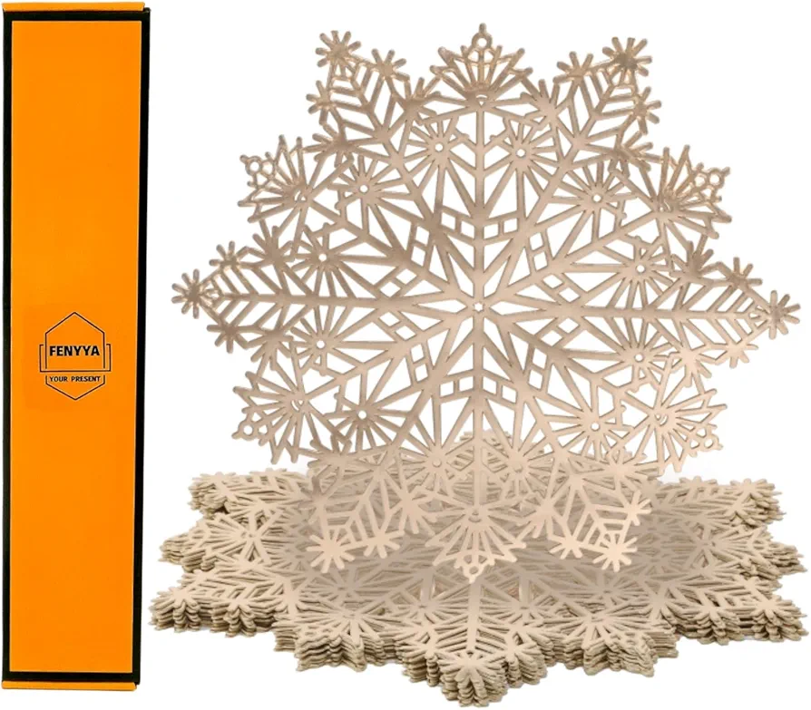 Placemats Set of 12, Gold Snowflake Place Mats, Vinyl Heat Resistant Non-Slip Washable Dining Table Mats for Holiday Party Home Wedding Dining