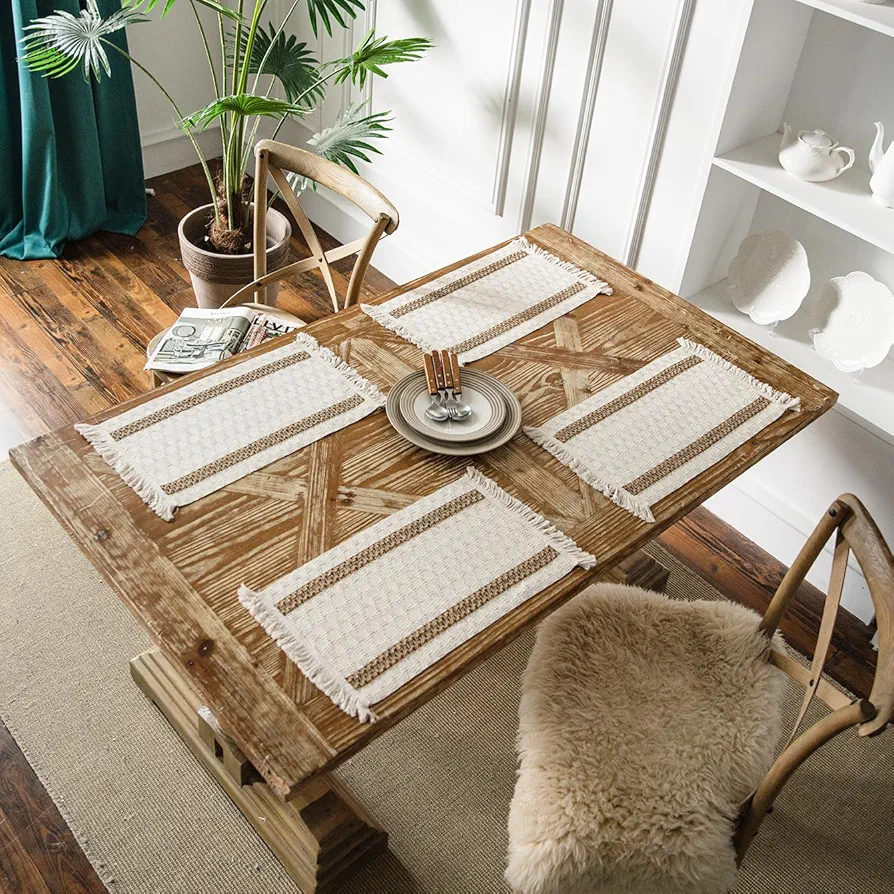 Boho Placemats Set of 4, Burlap Placemats Set of 4, Rustic Place Mat Set 12 x 19 Inches, Macrame Table Heat-Resistant Table Mats for Fall Kitchen Decor