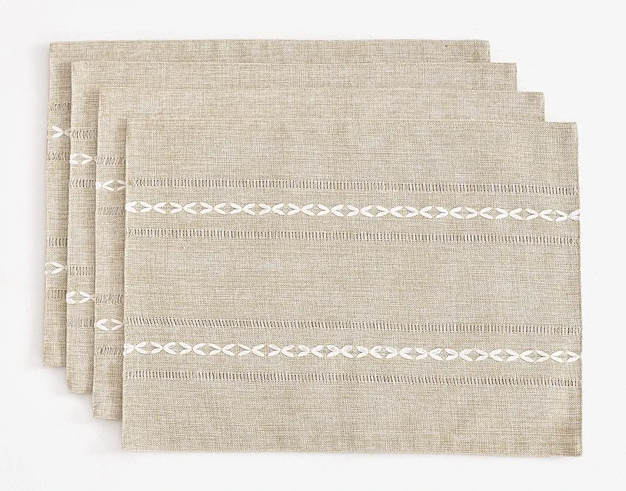 Wracra Cotton Linen Placemats, 14 x 19 Inch Set of 4 Fete Placemats Rustic Hemstitch Place Mats for Kitchen Table and Heat Resistant-Hemstitch Coffee