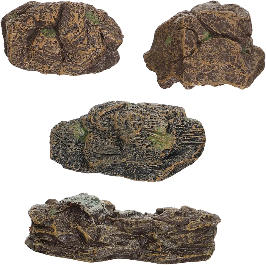4pcs Stone Ornaments Solar Pebbles Diorama Rocks Boulders Bonsai Decoration Miniature Terrarium Mini Trees Kit Polished Rocks Aquarium Decorations Outdoor Hider Air Dark Grey PVC