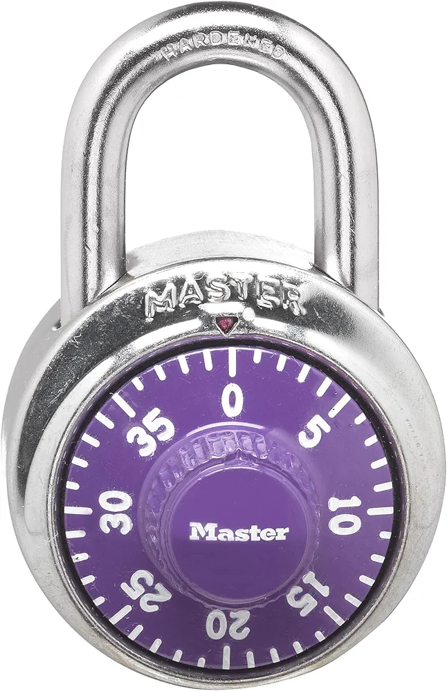 Master Lock Purple Combination Locker Lock, 3-Digit Combo Padlock for Gym and School Lockers, Metal Indoor Dial Lock, 1514D