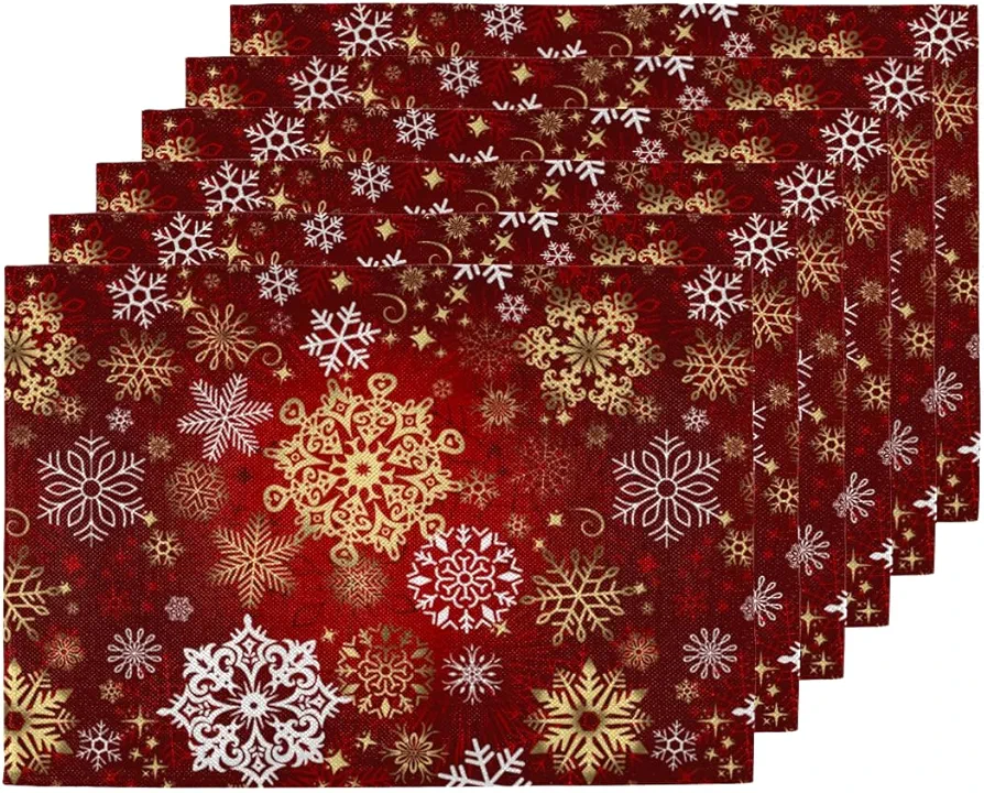 Christmas Gold Snowflake Placemats Set of 6, Rectangle Washable Place Mats, Heat Resistant Placemat Linen Kitchen Table Mats for Dining Table, 12" x 18"
