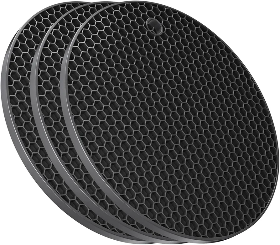 Ultra Thick 8mm Silicone Trivets for Hot Dishes Pots and Pans, Silicone Trivet Mat Hot Plates to Protect Table, Silicone Hot Pads for Kitchen Counter, Pot Holders, Black Trivet Set of 5