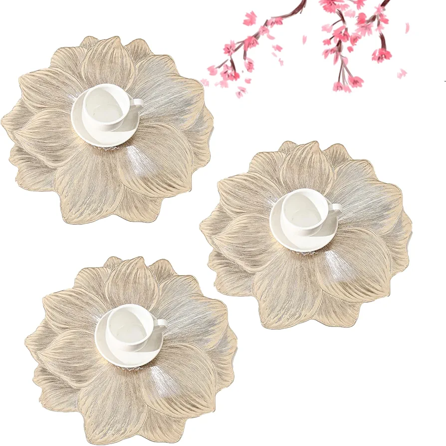 3PCS Lotus-Shaped Heat-Resistant and Washable Placemat, Dining Table Decor Accessories, Waterproof Plastic Place Mats, PVC Kitchen Place Mats, Heat Resistant Placemats (B)