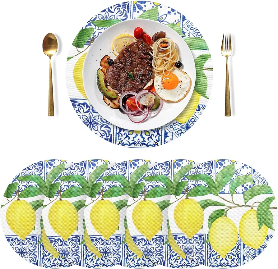 Lemon Blue Tiles Round Placemats Set of 6, Heat-Resistant Table Mats Non-Slip Washable Dining Mat for Kitchen Holiday Party Decor