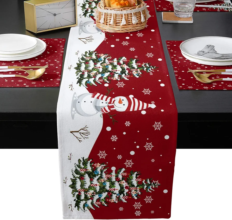 Merry Christmas Table Runner and Placemats, Snowman Xmas Tree Snowflakes Red Decor Heat Resistant Cotton Linen Washable Mats for Home Kitchen, 1pcs Table Runner (13x90 inch)+6pcs Placemats